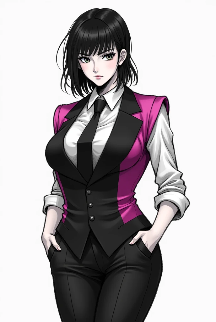 Sketch drawing of a female detective wearing black trousers and vest, with fuchsia edges, white shirt and black tie.