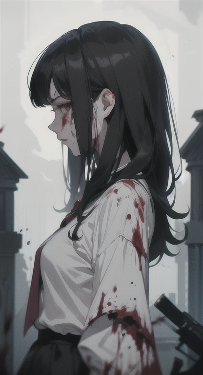 Sweating, D.va, blood everywhere, D.va covered in blood, mansion, looking at viewer blankly, blood on her face, side view, white shirt, blood dripping, blood, blood,