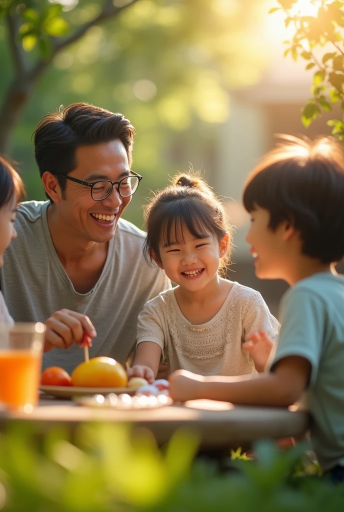 A cool-looking middle-aged Japanese man having fun with his family、Top quality masterpiece、Photorealistic、detailed、8 K、HDR、Shallow depth of field、Wide light、High contrast、Backlight、Bloom、Shine of light、chromatic aberration、Sharp Focus、RAW color photos