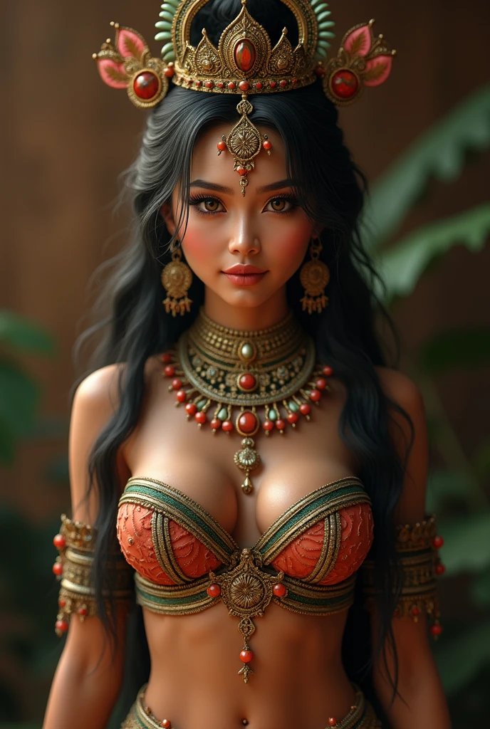 (photorealistic), ((best quality,4k,highres,masterpiece:1.2)), (full body showcase), (show full body), a sexy Angkorian period Apsara dancer,beautiful detailed eyes,beautiful detailed lips,extremely detailed eyes and face,longeyelashes,wearing loincloth with exposed breasts,adorned with intricate jewelry,portrait,highly detailed,realistic,photorealistic,masterpiece,4k,8k,ultra-detailed,studio lighting,HDR,vivid colors,warm lighting