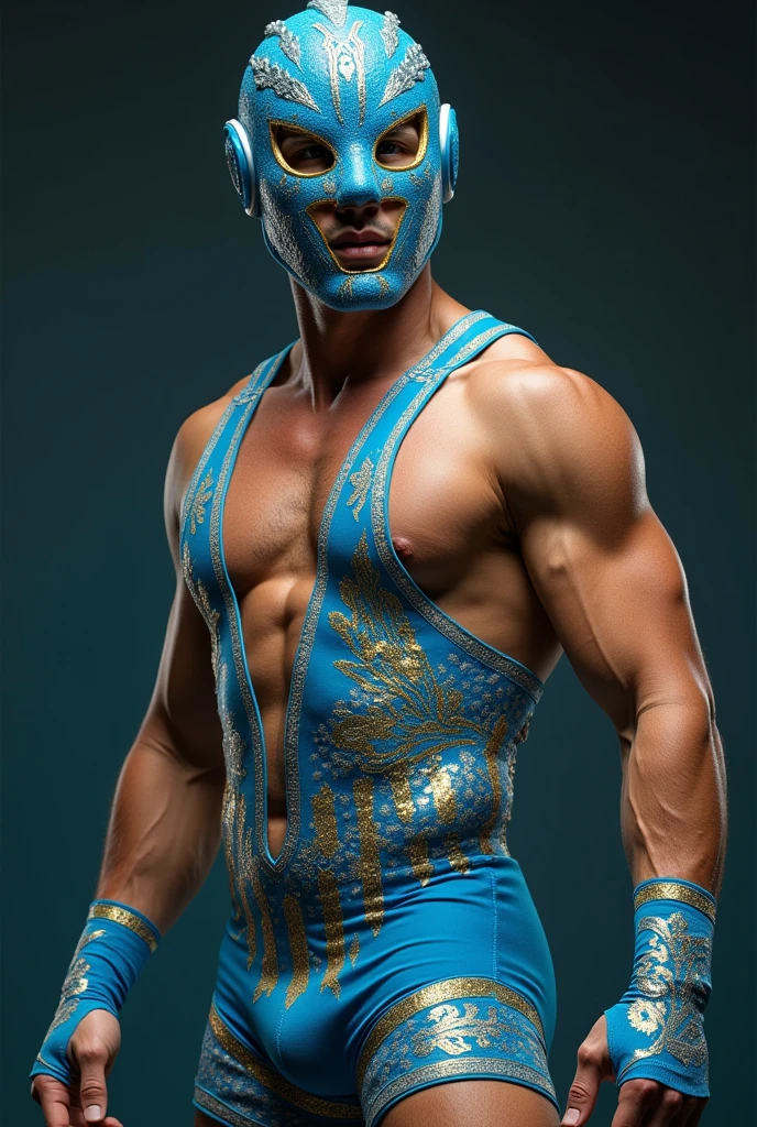 Two-piece blue Mexican wrestling suit for women (top y short) with decorations alluding to a mermaid(Scales) and shapes in gold and silver color, A bright blue wrestling mask also with gold and silver designs, A pair of blue buccaneer socks with creative designs, The design of the entire suit should be in the typical shapes of Mexican wrestling