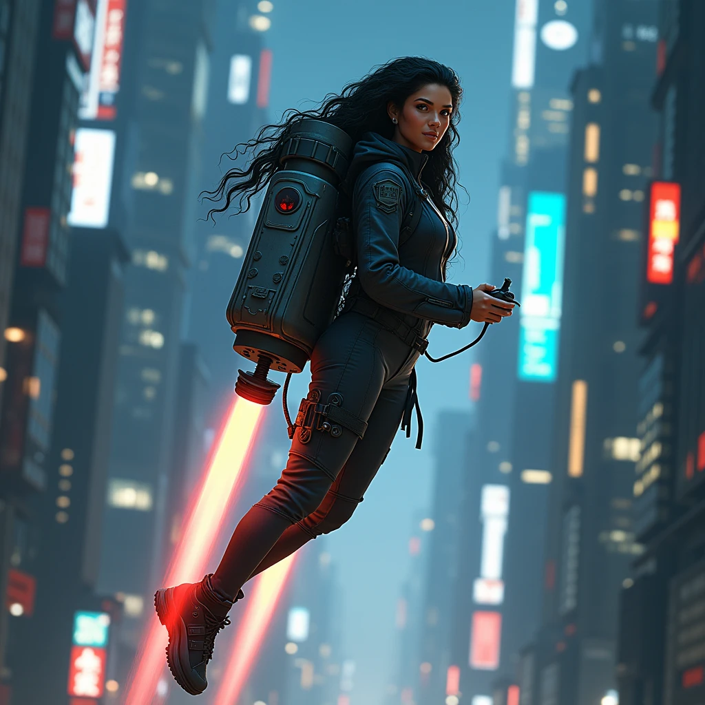 realistic photo of a (pretty girl, 20 years old, brunette, black eyes) flaying using at her bac a jetpack with a big capsule atached at side as a sidecar, (full lips) , ((perfect face)), [[mild smile]], proportionate body,mixed herritage, beautyfull, beautyfull face, tanned skin, two arms, two legs, five fingers by hand, full body, (softly curly black long hair but non-afro), girl flaying with a self-propeled bakcpack at her back, jet-backpack with a closed capsule atached , reinforced pants, jackets, goggles, rc device at hands, girl flying over a cyberpunk city using a jetpack, night, modern buildings, photo taken from back
