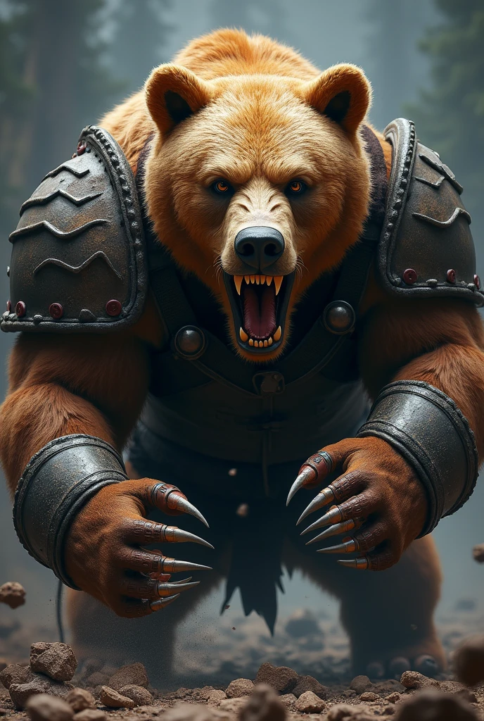 close up face angry warrior bear, claws showing, attacking, viking armor, kick, ax