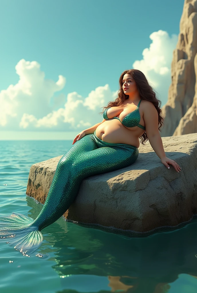 Draw me a fat mermaid sitting on a rock posing
