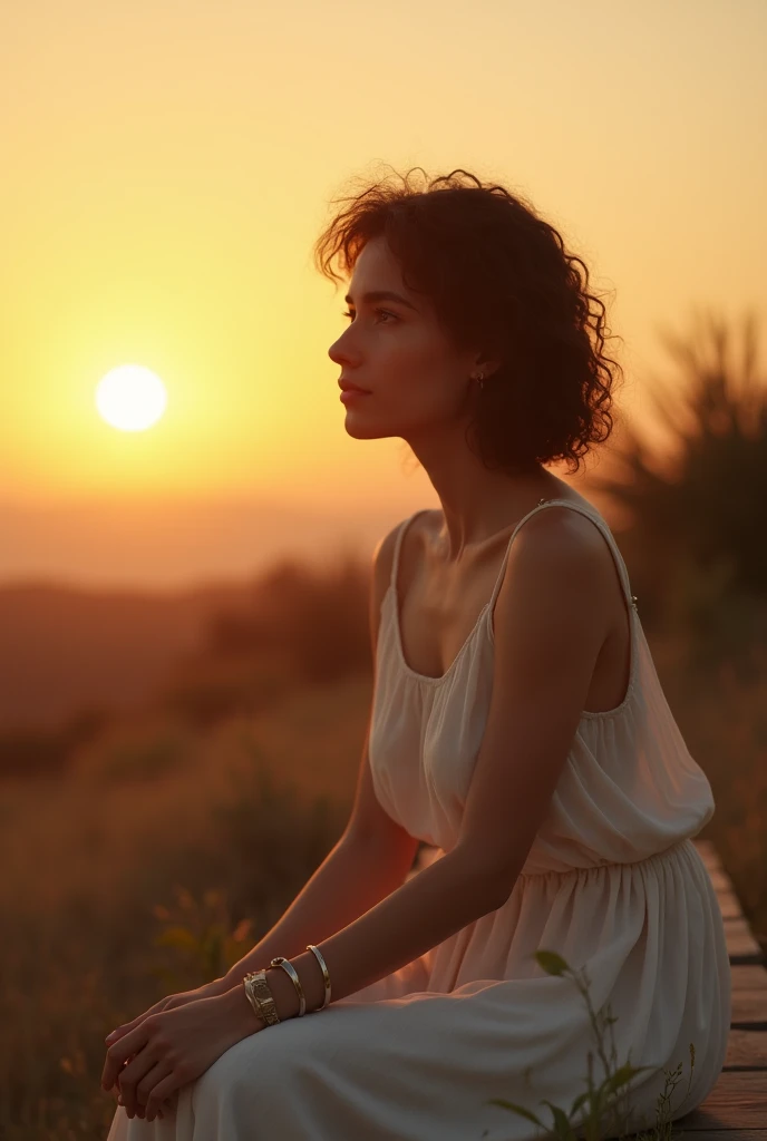 Full body A middle east girl, with  soft Curly hair, white skin tone, a dimple on her cheek, without any type of clothesher body, sitting on a bench, watching sunset
