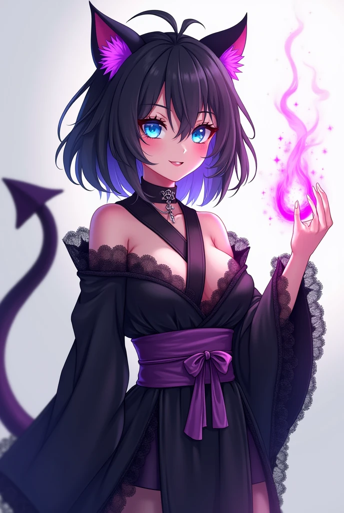 Demon girl, anime western style art, small cat ears, cat muzzled face, small whiskers, very small demon horns, fur covered succubus tail, medium sized breasts, blue cat eyes, violet magical aura, mischievous small and cute smile, medium to small size body, black kimono laced with dark purple linen, angle on the left side, black furry body