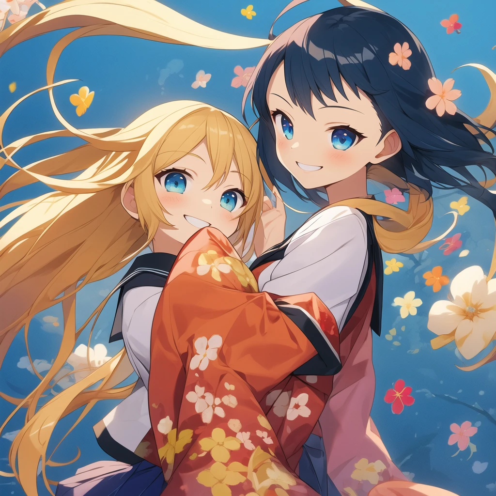 Anime, , Junebiao, yellow long hair girl, blue Sky eyes, smiling, Wearing a Japanese school uniform, cartoon pattern backdrop, so cute girls, half body