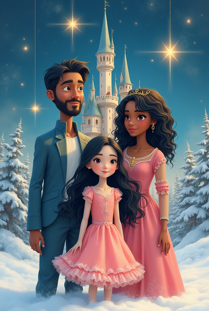 Make a drawing where there is an eleven-year-old girl with white skin and black hair wearing a pink dress and her parents are a man with very long black hair and white skin and a black-skinned woman with curly hair..There are two stars in the sky, a castle and snow