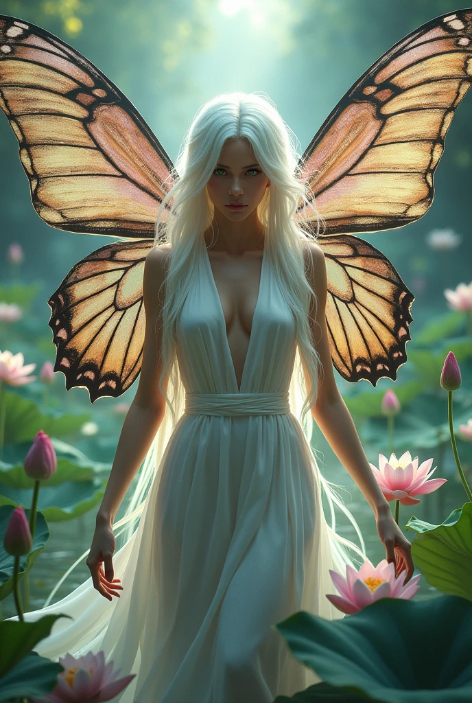 Woman with long white hair and huge butterfly wings on her shoulders in a lotus garden , aggressive
