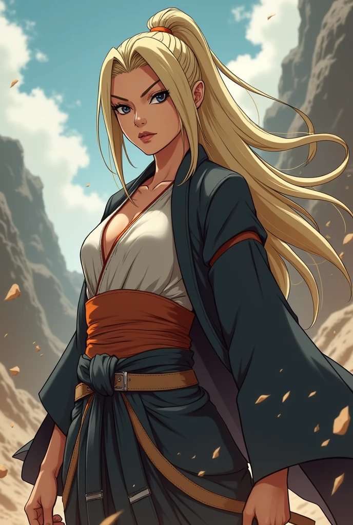 In Naruto style female with kimono looking top A tall and large, tan skinned woman with serious, black eyes, no eyebrows, a hooked nose and a lean face. She has straight, light blonde hair, she is in a battle her appearance of clothing is light take inspiration from Tsunade and Mei terumi with fullbody and face shots profiles
