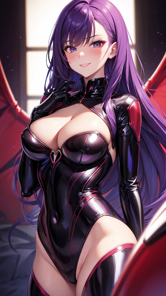 Erotic　Tall busty adult married woman, female executive in shiny purple rubber suit, red heart on black background, bedroom, dark theme, evil, temptation, excitement, condescending smile, sexy pose, upper body emphasis, lying on man, angle from below, bat wings