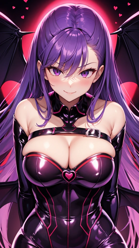 Erotic　Tall busty adult married woman, female executive in shiny purple rubber suit, red heart on black background, bedroom, dark theme, evil, temptation, excitement, condescending smile, sexy pose, upper body emphasis, lying on man, angle from below, bat wings