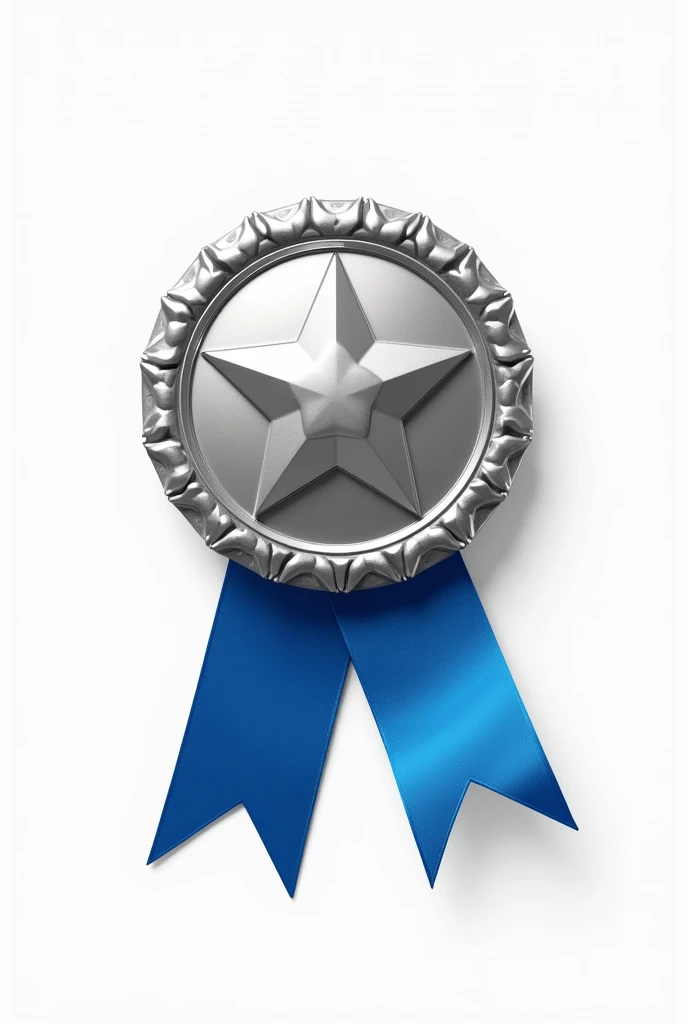 Silver medal with blue ribbon on white background with a star in the center