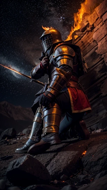 bottom view, of a templar knight, kneeling behind a rock, hdr, uhd, detailed, at nighr, dark sky, next to a fire, dark ambience, night, poor light, orange reflects from fire in his armor
