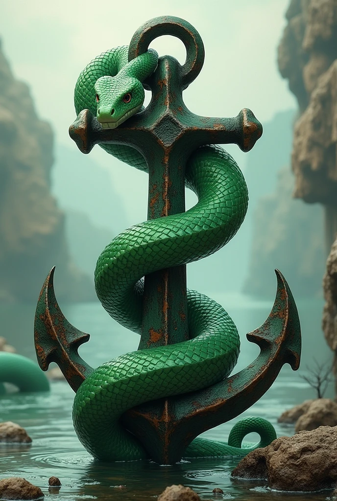 An anchor with a green boa constrictor