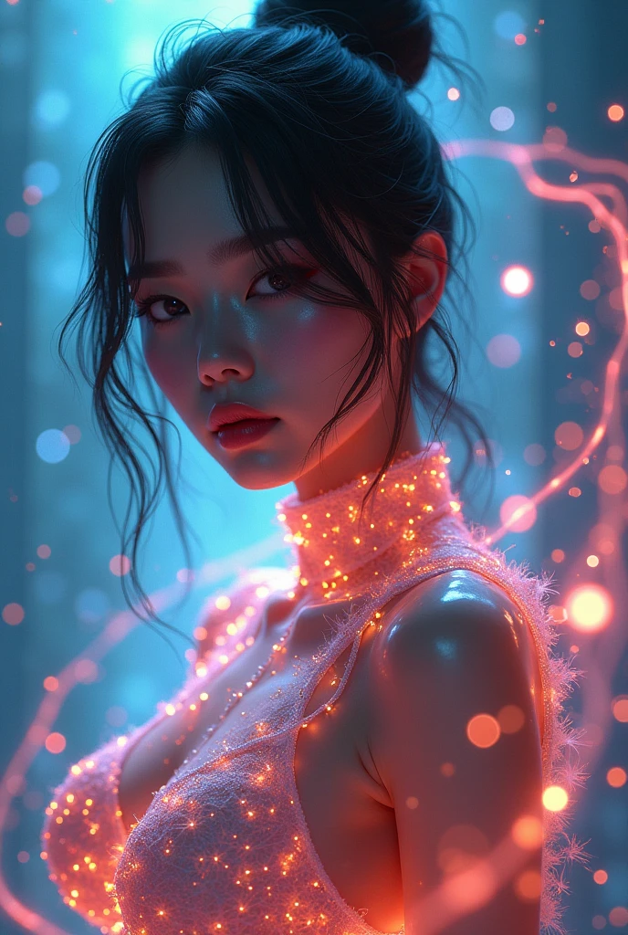 ((Best quality)), ((masterpiece)), (detailed:1.4), 3D, an image of a beautiful cyberpunk Asian female with thick voluminous boobs,light particles, pure energy chaos antitech,HDR (High Dynamic Range),Ray Tracing,NVIDIA RTX,Super-Resolution,Unreal 5,Subsurface scattering,PBR Texturing,Post-processing,Anisotropic Filtering,Depth-of-field,Maximum clarity and sharpness,Multi-layered textures,Albedo and Specular maps,Surface shading,Accurate simulation of light-material interaction,Perfect proportions,Octane Render,Two-tone lighting,Wide aperture,Low ISO,White balance,Rule of thirds,8K RAW,wide wips,saggy