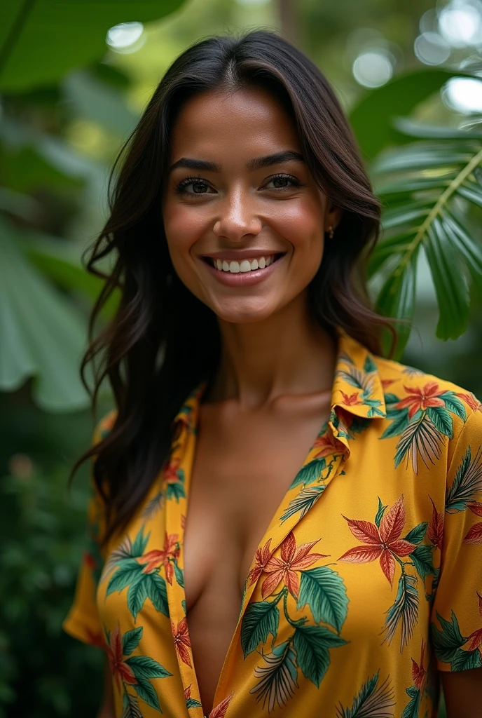 A Brazilian woman in a lush tropical garden, wearing an ?????????? with a floral print, with a close-up capturing the harmonious beauty between her ??????? and the natural flowers, showing off your natural charm and outgoing personality.