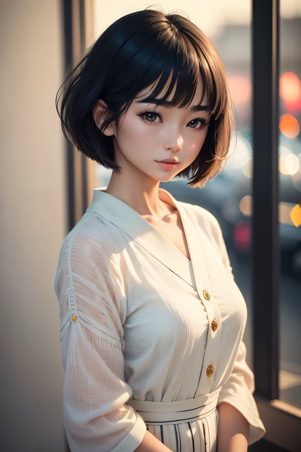 a young beautiful  japanese girl, girly, shy expression, bob haircut with slightly wavy hair, light colours outfit, discret makeup, detailed facial features, beautiful eyes, shy expression, detailed skin texture, fashionable outfit, cinematic lighting, (best quality,4k,8k,highres,masterpiece:1.2),ultra-detailed,(realistic,photorealistic,photo-realistic:1.37),intricate details,portrait,vibrant colors,soft lighting