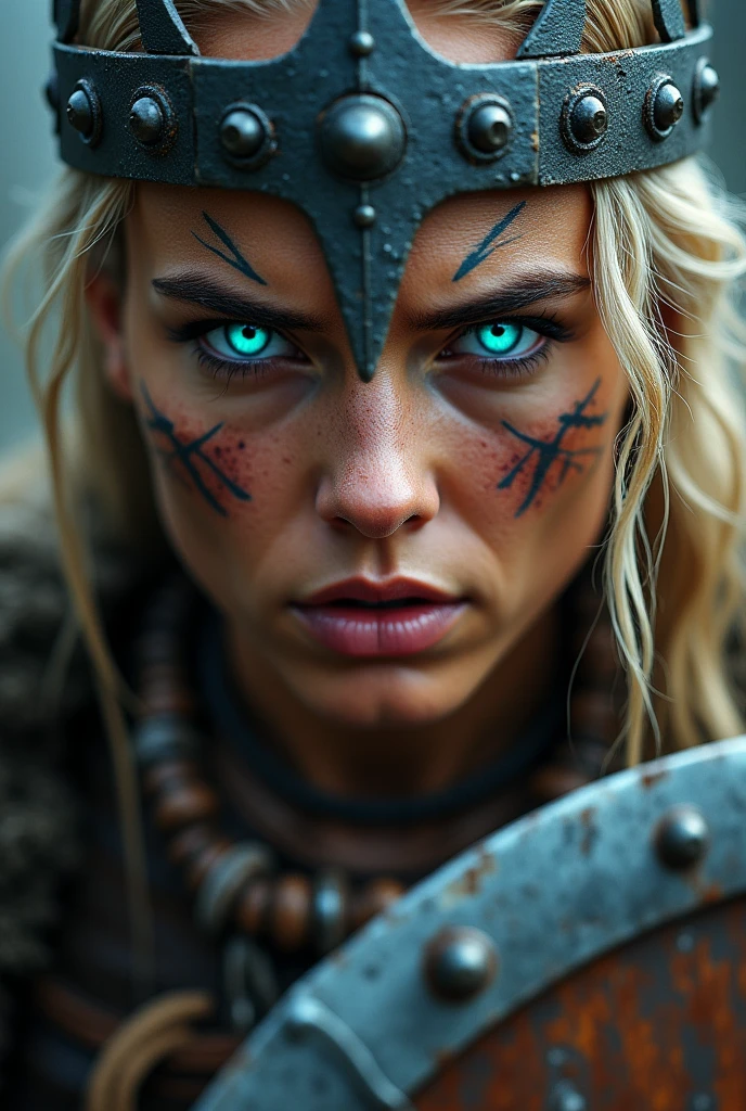 Close up face beautiful viking woman, axe and shield in hand , strong blue light in the eyes, war crown , tribal design on the eyes, Angry, bone necklace around the neck, battle armor, with hate, focused