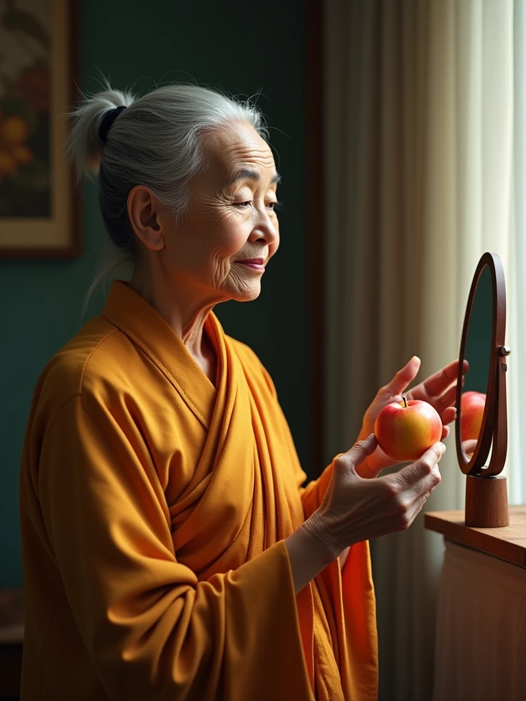 The same elderly Buddhist woman stands in front of a small mirror, gently touching her face as she talks about how certain fruits can help maintain youthfulness and vitality. She holds a papaya and an apple in her hands, highlighting their roles in keeping skin healthy and radiant. Her peaceful expression reflects her belief in the natural beauty that comes from within. The room is softly lit, with a tranquil atmosphere that mirrors the inner peace she promotes.