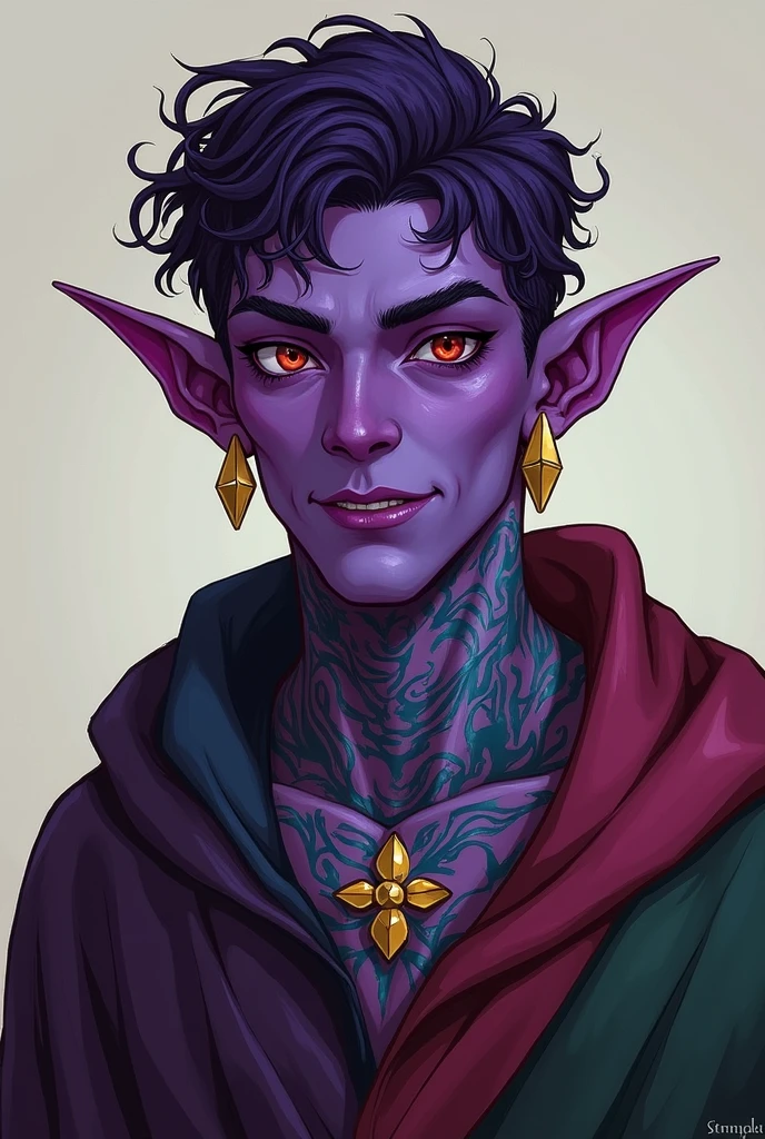 Purple-skinned drow tiefling. He has a short, curly, dark purple hair. He has red eyes and a smirk on his face.. He is dressed in a multi-colored cloak and wears gold earrings.. His neck is covered in blue and green tattoos..