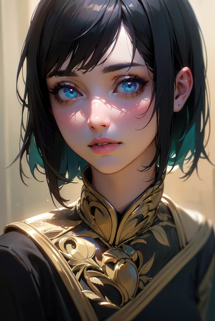 beautiful detailed eyes, beautiful detailed lips, extremely detailed eyes and face, long eyelashes, 1girl, black hair, bob haircut, fringe, portrait, oil painting, photorealistic, masterpiece, intricate details, cinematic lighting, vibrant colors, dramatic lighting, elegant, serene, (best quality,4k,8k,highres,masterpiece:1.2),ultra-detailed,(realistic,photorealistic,photo-realistic:1.37)