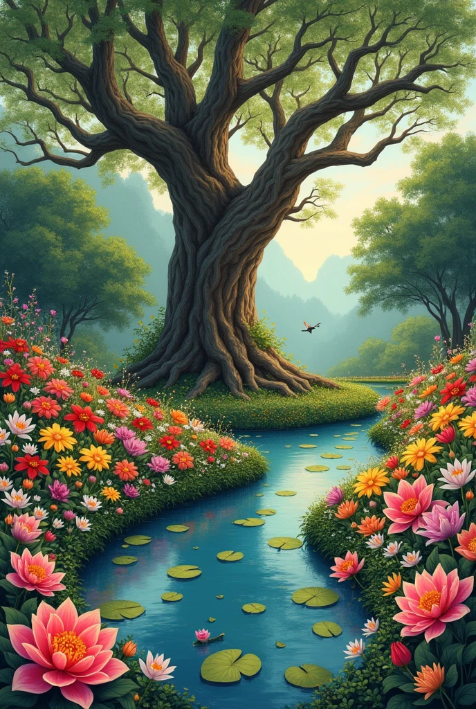 A garden full of colorful flowers, with a small pond and an old oak tree in the center. To draw by hand on paper 

