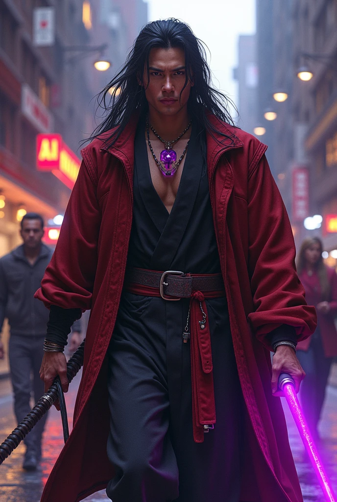 **Prompt:**

Liu Kang de mortal Kombat, a monk with red eyes and dragon irises, walks through the bustling streets of Valkaria with firm purpose. Next to you, Mary, your radiant sister, smiles excitedly as they head to the mysterious Arcane Academy. At the entrance, simple and discreet, eles encontram Magnus Bane de shawdowhuters, a young Qareen with a captivating appearance, with a glowing purple tattoo on his neck. 