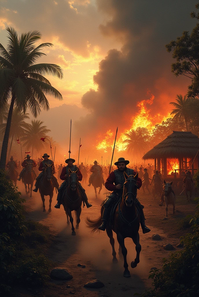 Spaniards burning indigenous villages 
