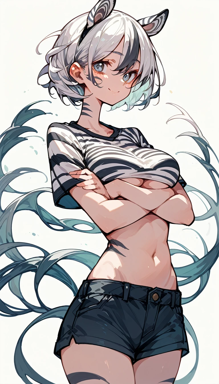 1Girl, 独奏, zebra girl, short white hair, zebra ears, black and white striped clothes like a zebra, large breasts, exposed stomach, short shorts, Arms crossed, smiling,