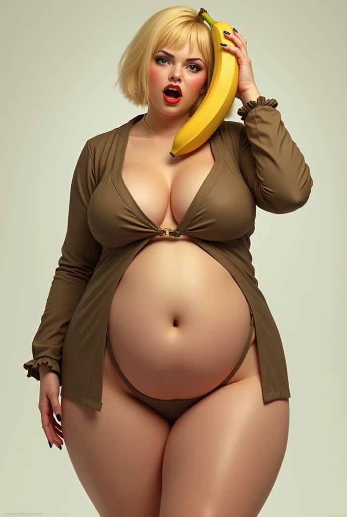 Real women, she is Blonde with short hair, she has an hourglass figure, she has a surreal, hentai-like physique, with exaggerated curves that showcase large buttocks and voluminous breasts. she is slim

robe cuire marron

holds a large banana next to his head

shocked head