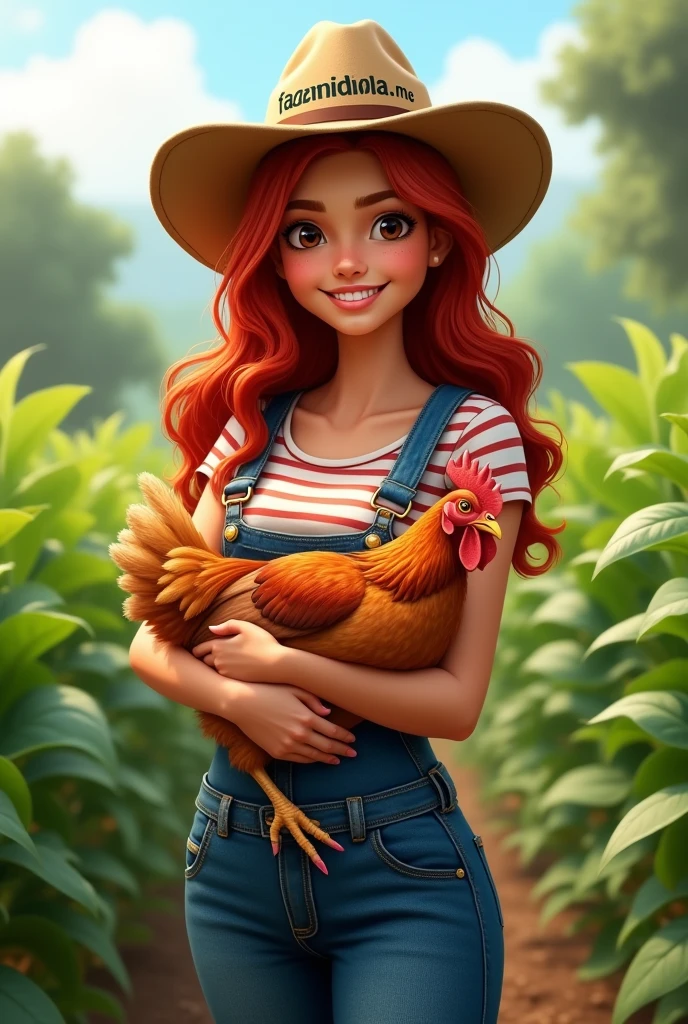 A red headed woman, around 21-2, just graduated in Agricultural engineering. She where's an overall with a t-shirt with red stripes on, she has a cowboy hat on with "fazendinha.me" logo on. She is holding a chicken, while she is standing up in a crop. She has a normal body, she has dark eyes, and she is smiling. She is a latin young woman.
