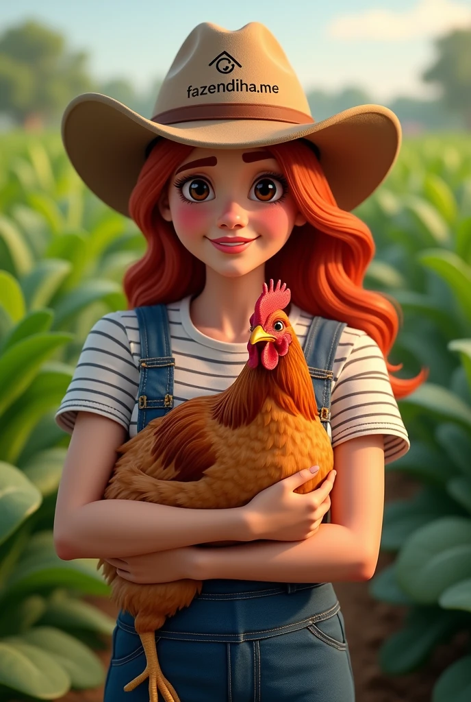 A red headed woman, around 21-2, just graduated in Agricultural engineering. She where's an overall with a t-shirt with red stripes on, she has a cowboy hat on with "fazendinha.me" logo on. She is holding a chicken, while she is standing up in a crop. She has a normal body, she has dark eyes, and she is smiling. She is a latin young woman.
