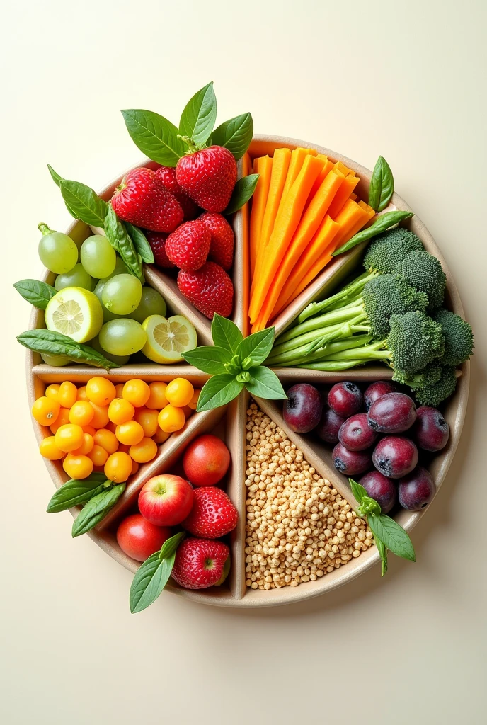 fruits, vegetables,Proteins and cereals separated into rations 


