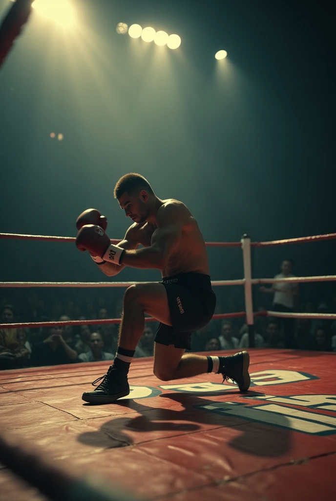 a boxer in the ring taking a punch in the face and falling to the floor of the ring, because he lost the fight long exposure photography,In motion blur, Written "Rise Again" in the boxing ring are very focused, But I have an amazing figure, although blurry, Attract attention. one shot, Three Shot. , The message I want to convey is that dreams exist. , The Ewstrilo phenomenon is real , 48k cinematic compositing made in Photoshop with richer shadows. Use the rule of thirds, Use colors that evoke nostalgia and hope.