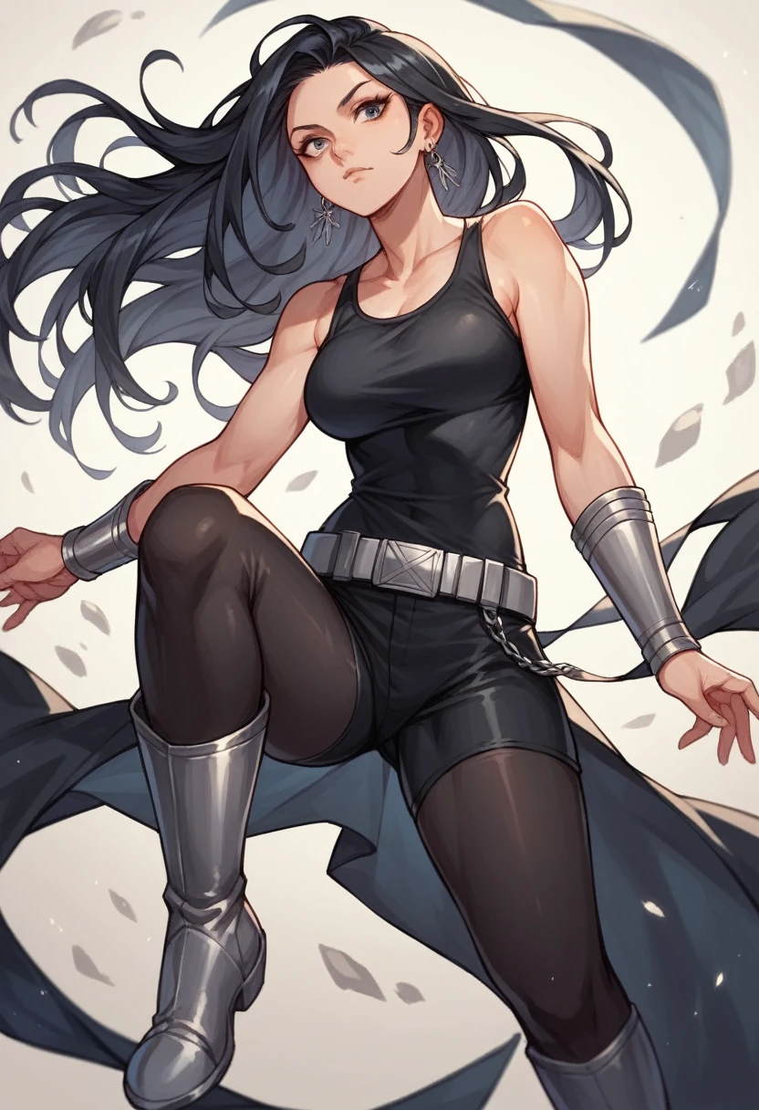 1girl, long black hair, earrings, black tank top, silver belt, black leggings, silver bracers, silver long boots