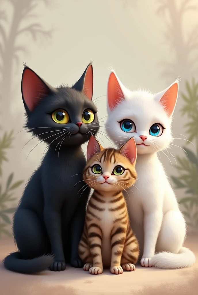 Black cat and tabby cat and white cat 
