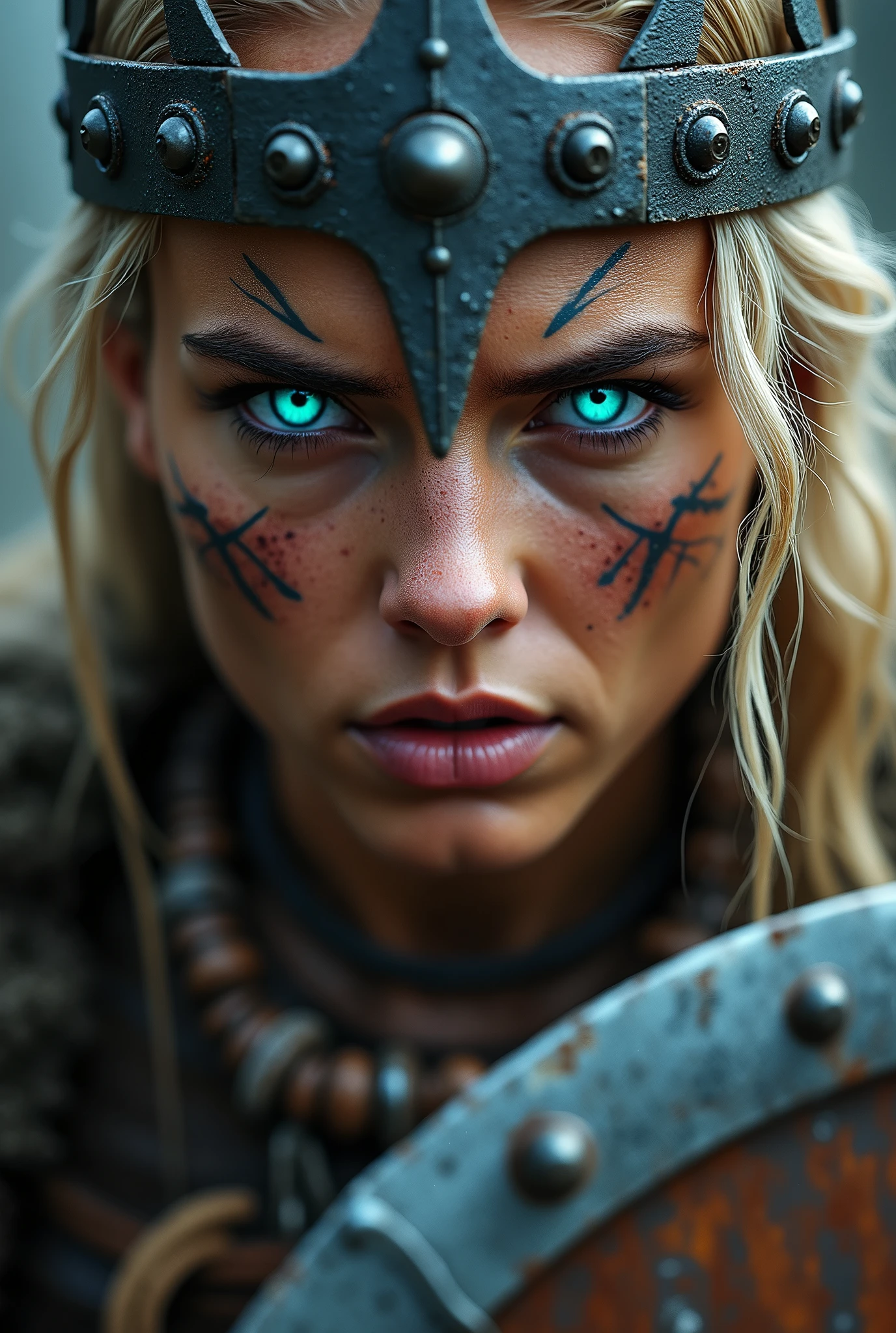 Close up face beautiful viking woman, axe and shield in hand , strong blue light in the eyes, war crown , tribal design on the eyes, Angry, bone necklace around the neck, battle armor, with hate, focused