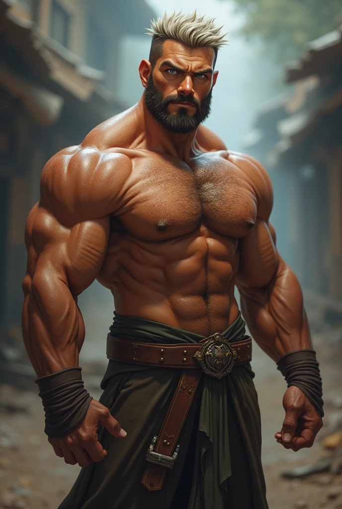man, 25 years, muscular, with a claw scar on the left side of his face, brown left eye, blue right eye, heterocromia, trapezoidal head, Aquiline nose, cleft chin,with short beard, short hair castaño con degradación blanco en las puntas, short hair, wide shoulders, thick arms, Thin waist, tanned skin, standing, looking to the camera, robust male figure