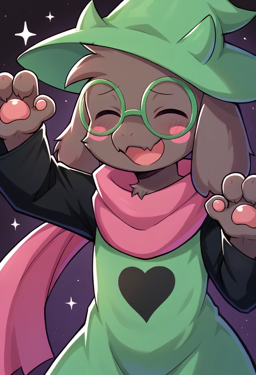  (score_9, score_8_up),furry, fur, face, Ralsei(deltarune), goat, dark fur, Green horns (they're usually pink, but the hat is covering them), black sleeves, cute, green glasses, hat, green shirt, standing, BREAK pepe punch pose,pink scarf,closed eyes, happy, smug face,  wide hips, {{Artist: %greatm8%}},  1furry, solo, blushing, male, Stickers