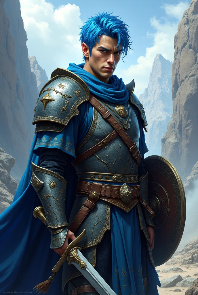 half elf male warrior with short blue hair 