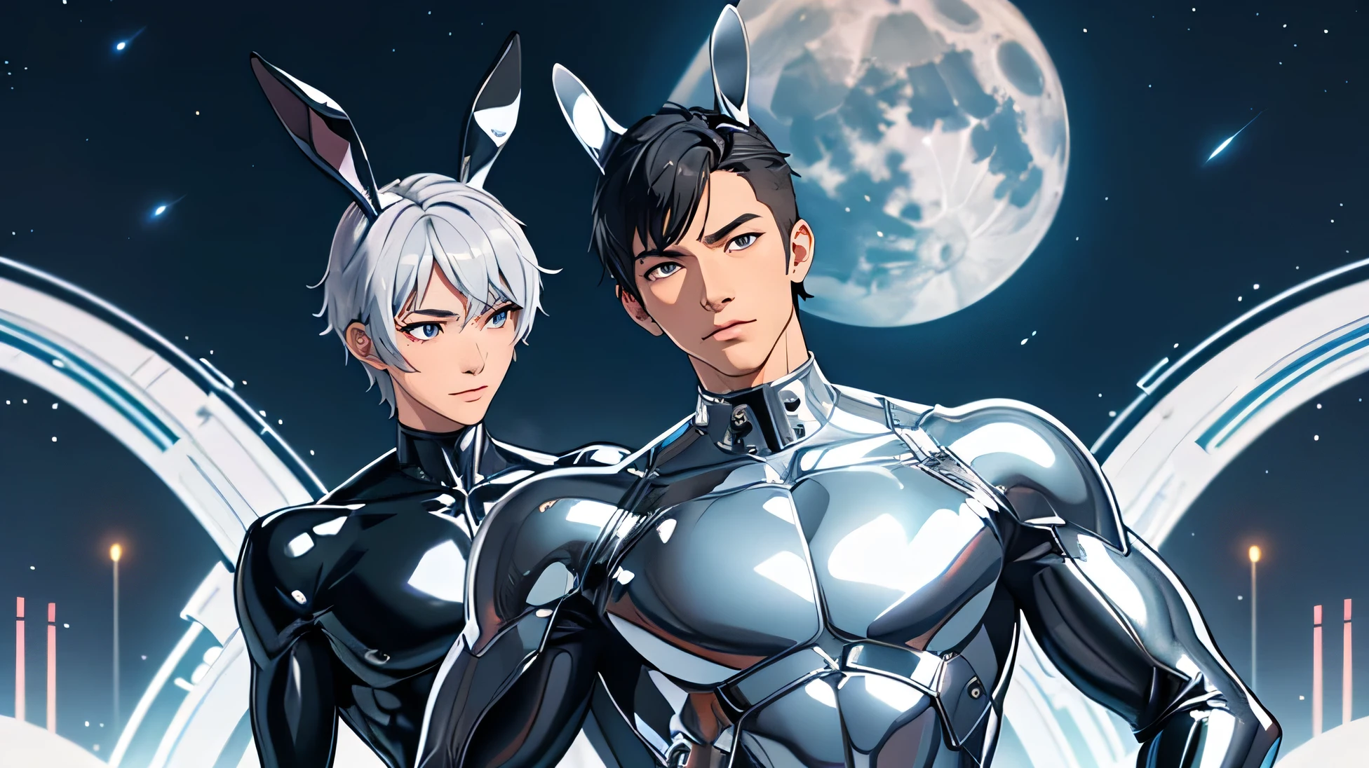Japanese Handsome model male smile Black Hair Short cut Short hair looking at the camera Shiny full-body silver suit Mega Bulge Shiny silver latex suit looking at the camera future world universe Full moon in the background Upper Body Face close-up Bunny ears