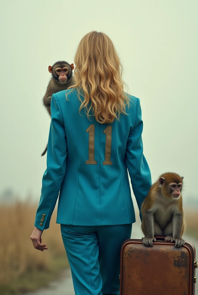 Create a photo of a blonde woman in a blue outfit with the number 11 walking away with a suitcase and a sad monkey on the side