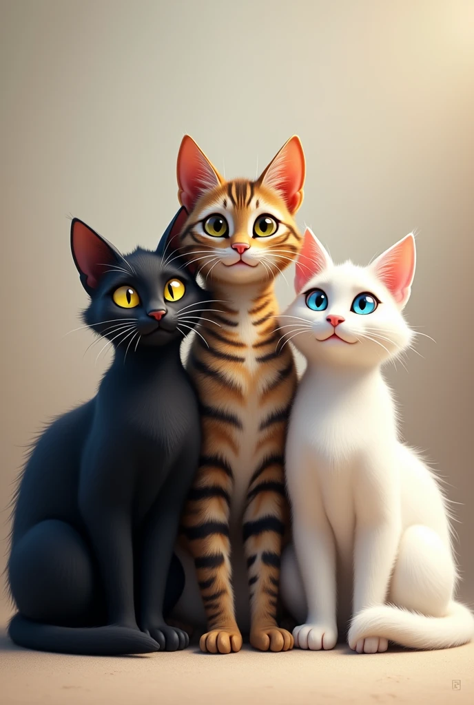 Black cat and tabby cat and white cat 
