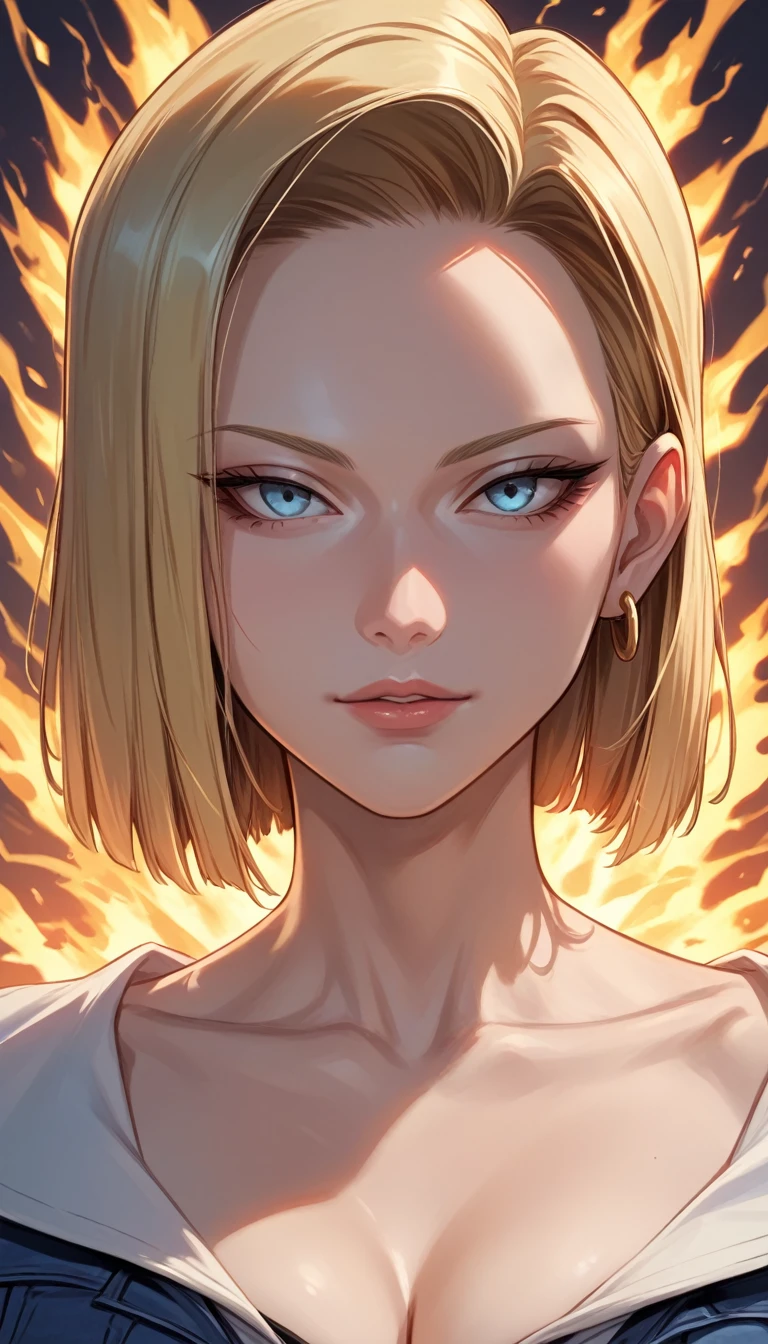 Izayoi Seishin artstyle, (score_9, score_8_up, score_7_up), (best quality, masterpiece),perfect anatomy,(aesthetic,very aesthetic),official style, (ultra-high resolution), Masterpiece, raw, beautiful art, professional artist, 8k, art style by sciamano240, very detailed face, very detailed hair, perfectly drawn body, beautiful face, "Android 18 unleashes her immense power, Produce awesome, Destructive energy explosion,