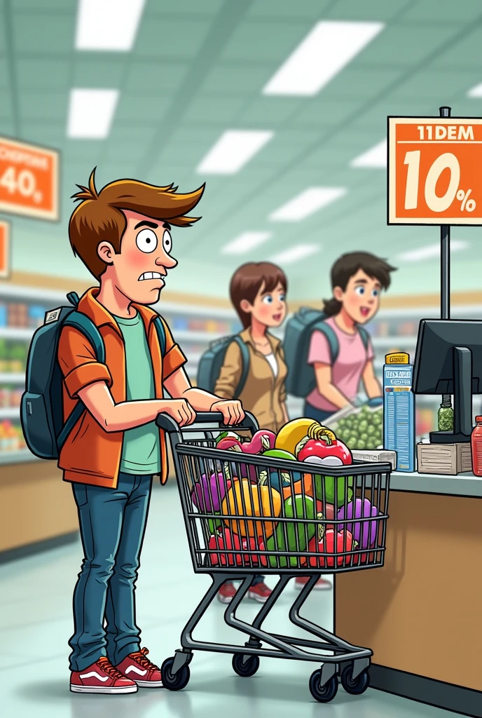 Cartoon showing a college student standing in line at a supermarket with a full cart but a sign at the checkout that says maximum 10 items. Behind the student there are two people talking and one says to the other, I don&#39;t know if he is a Harvard student and can&#39;t count or an MIT student and can&#39;t read..