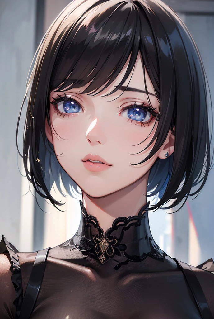 beautiful detailed eyes, beautiful detailed lips, extremely detailed eyes and face, long eyelashes, 1girl, black hair, bob haircut, fringe, portrait, oil painting, photorealistic, masterpiece, intricate details, cinematic lighting, vibrant colors, dramatic lighting, elegant, serene, (best quality,4k,8k,highres,masterpiece:1.2),ultra-detailed,(realistic,photorealistic,photo-realistic:1.37)