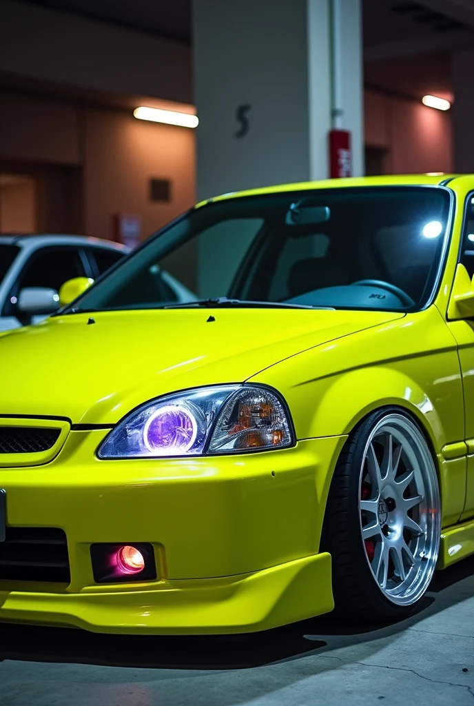 Um Civic G6 2000 LX, in neon yellow color, with silver Volcano Advance model wheels, with fog lights and lights with chameleon-colored film.