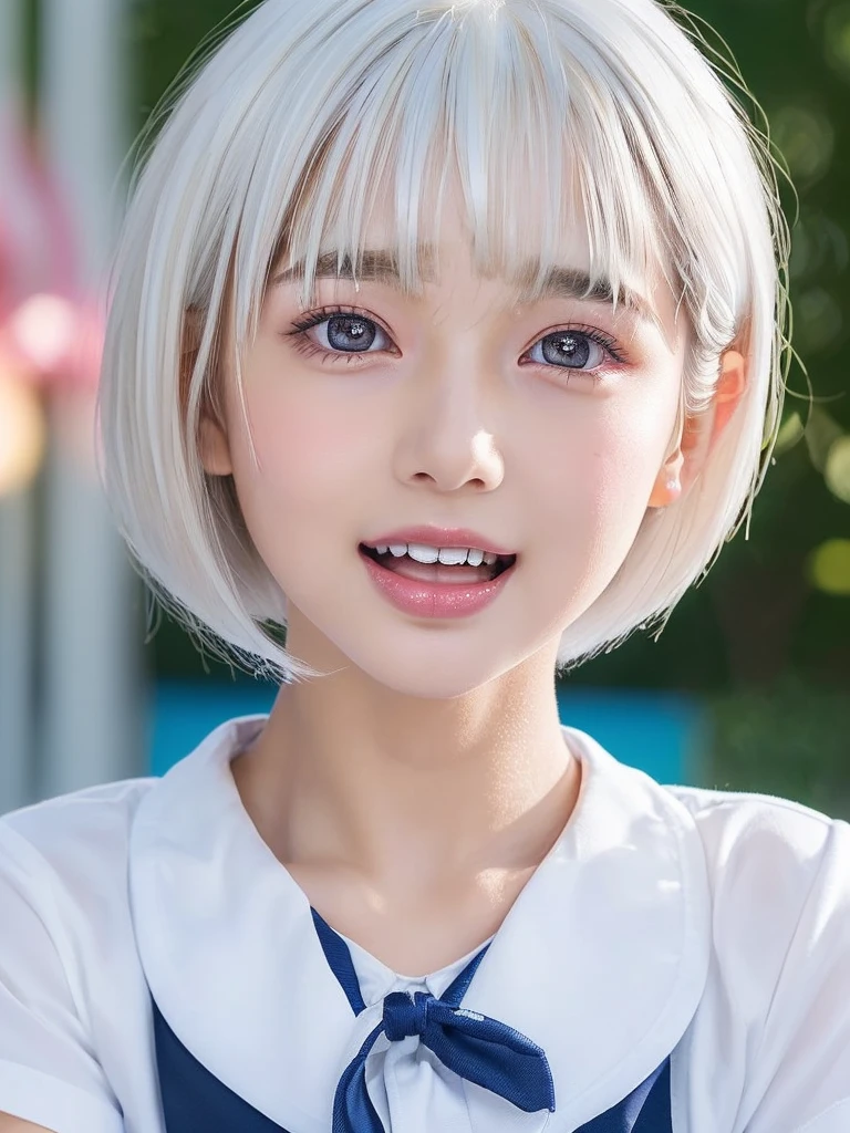 NSFW,(A portrait of a young girl in school uniform:1.5), with a bright expression, glowing white skin, glossy face, shimmering cheek gloss, small face,(best looks:1.5),very beautiful glossy hair, (ultra short hair:2.0),(shiny white hair,white eyebrows:1.5),shimmering clear alluring bright large pale blue eyes,downturned eyes,charming eyes,balanced eyes,eyeliner,(a very beautiful lovely cute girl,charming smile,perfect bust:1.25),masterpiece,photorealistic, 8k, high quality, masterpiece,realistic portrait,high resolution fix,(Ecstasy,Orgasm face,sexual climax:1.5)