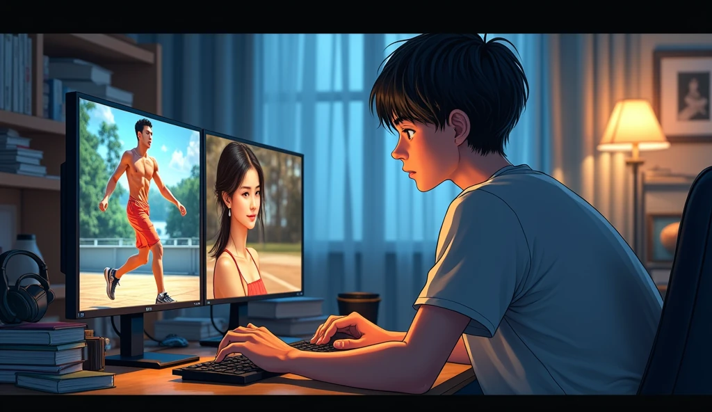 A teenage boy of approximately , stomach 1.90, with medium weight, sitting at a desk in front of his computer with two screens, On the first screen a video of a popular boy is shown, muscled man playing basketball. On the second screen you see a video of a pretty girl with oriental features., especially from Japan, with black hair, seeds, and a little short with white skin but not pale. The teenager is specifically looking at the second screen. All this in the afternoon, in his room which is a bit messy.